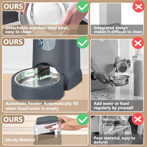 Automatic Cat Feeder and Water Dispenser with Stainless Steel Bowl Dog Gravity Food Feeder and Waterer for Small Medium Pets Puppy Kitten 1 Gallon x 2 (Charcoal gray)
