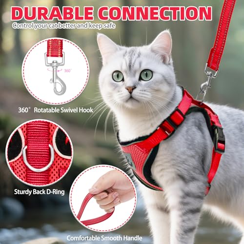 Cat Harness and Leash Set Escape Proof Reflective Cat Walking Harness Adjustable Soft Breathable Mesh Vest for Small Pets (S (NECK 9.5"-11", CHEST 13"-16") / Red)