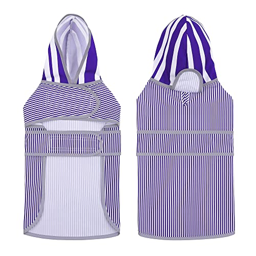 Dog Raincoat for Medium Dogs Puppies Waterproof Jacket Hooded Rain Coats with Reflective Strips Leash Hole & Poncho Adjustable Fit (Blue white Stripes / Medium)