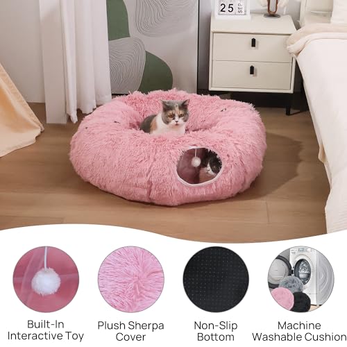 Plush Cat Tunnel Bed for Indoor Cats with Soft Cushion (Pink)