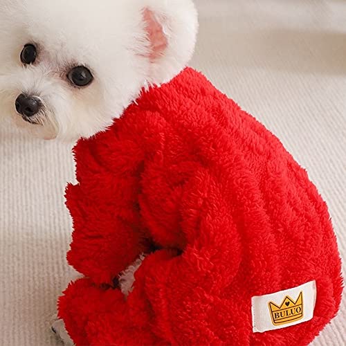 Plush Dog Pajamas for Cold Weather 4 Legged Clothes for Dog Cat Stretchy Puppy Kitten Onesie with Buttons Warm Soft Pet Jumpsuit Winter Coat Red Large (Large / Christmas Red)