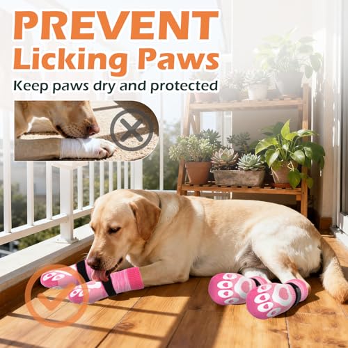 Dog Socks to Prevent Licking Paws with Grippers for Hardwood Floors Anti Slip (Pink / Large)