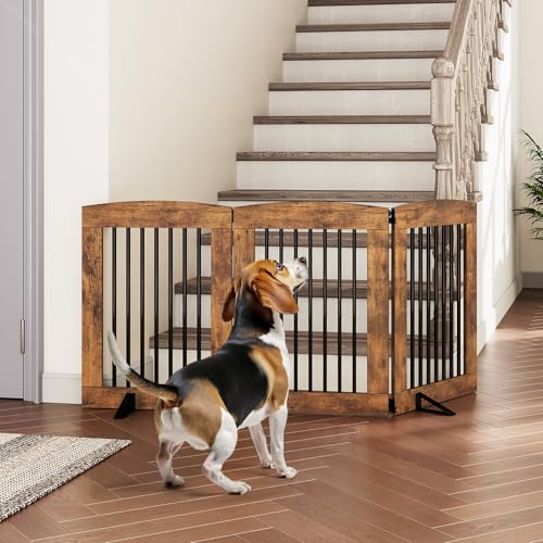 Indoor Dog Gate with Support Feet (Rustic Brown / 【3 Panels】61.4"L x 31.5"H)