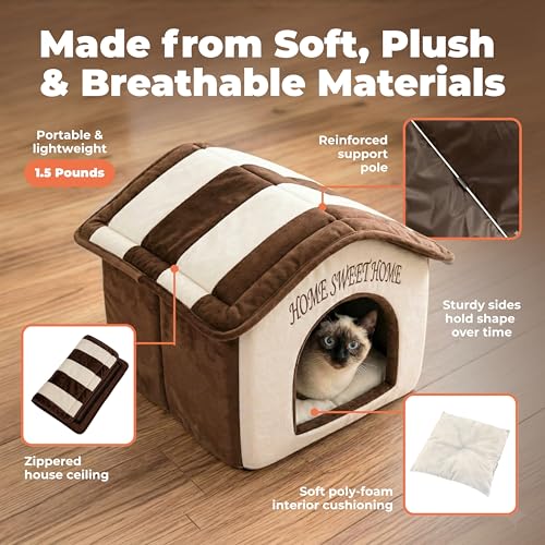 Cat Bed for Indoor Cat (Beige w/ Brown Stripes / 16" x 16" x H:14")