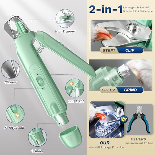 2-in-1 Dog & Cat Nail Clipper with Grinder, LED Light Rechargeable Grooming (Green)