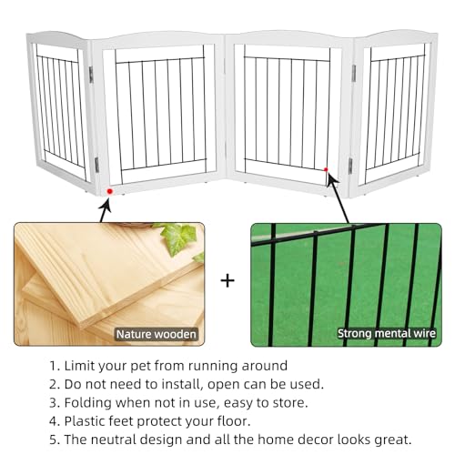 Freestanding Foldable Dog Gate for House Extra Wide Wooden White Indoor Puppy Gate Stairs Dog Gates Doorways Tall Pet Gate 4 Panels Fence (White / 【4 Panels】80''w x 24''h)