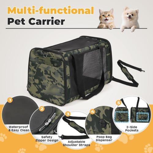 25lbs Cat Carrier Lightproof Soft Sided Pet Carrier for Large Cat (17.5"L x 11.0"W x 11.0"H / Black Camouflage（No Privacy Curtain))