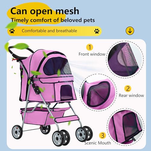 4 Wheel Foldable Pet Stroller (Pink / 4 Wheels)