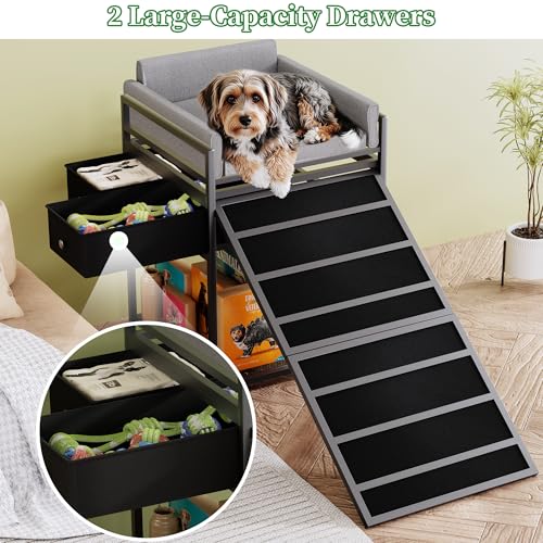 Dog Window Perch & Retractable Stairs and Storage Drawers (Black&Grey)