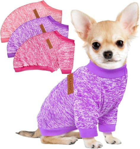 3 Pack Dog Sweaters for Small Dogs Girl Boy Winter Fleece Clothes Warm Soft Dog Sweatshirt Outfit for Dogs Cats Pet Apparel (Pink+Rose+Purple / XXS (Back: 7.8", Chest: 11.8", 2.2-3.5 lbs))