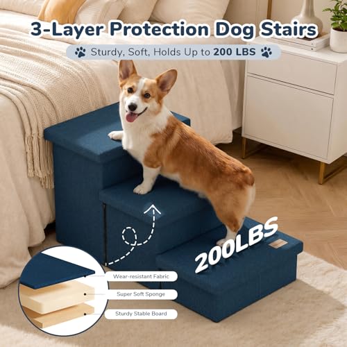 3 Step Wide Dog Stairs with Hidden Storage 18" H (Navy / 30"D x 17"W x 17.7"H)