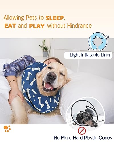 Inflatable Dog Cone Collar Alternative After Surgery (T Bone Navy / L(Neck 12"-16"))