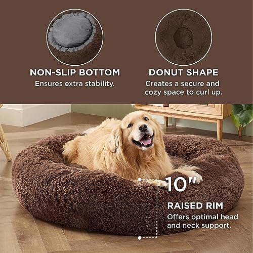 Calming XL Dog Bed Donut Washable Extra Large Pet Bed (45"L x 45"W x 10"Th / Coffee)