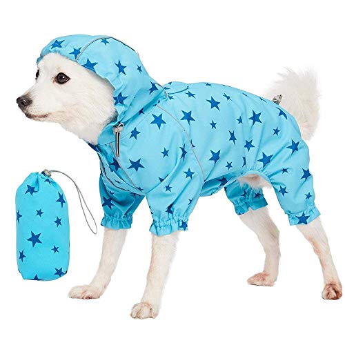 16" Star Prints Lightweight Reflective Waterproof Dog Raincoat with Hood & Harness Hole (16 Inch / 4-legged - Blue, Star Prints)