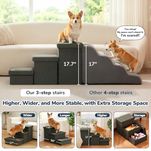 3 Step Wide Dog Stairs with Hidden Storage 18" H (Grey Green / 30"D x 17"W x 17.7"H)