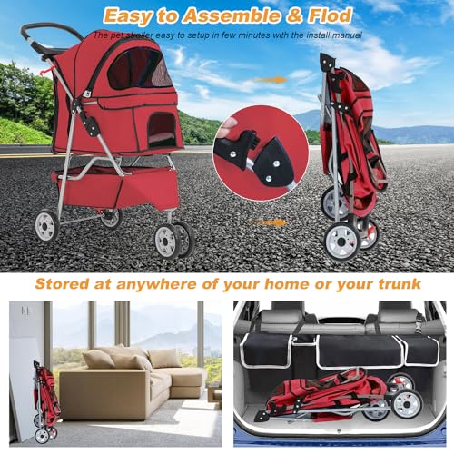 3 Wheel Pet Stroller for Dogs & Cats (Red / 3 Wheels)