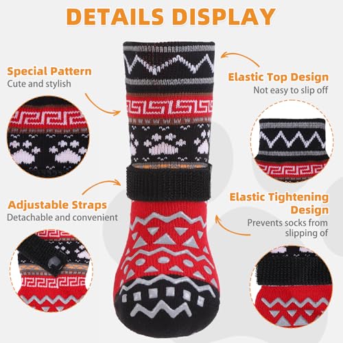 Dog Socks to Prevent Licking Paws for Hardwood Floors Anti Slip (Red Ornamentation / Large (4 Pack))