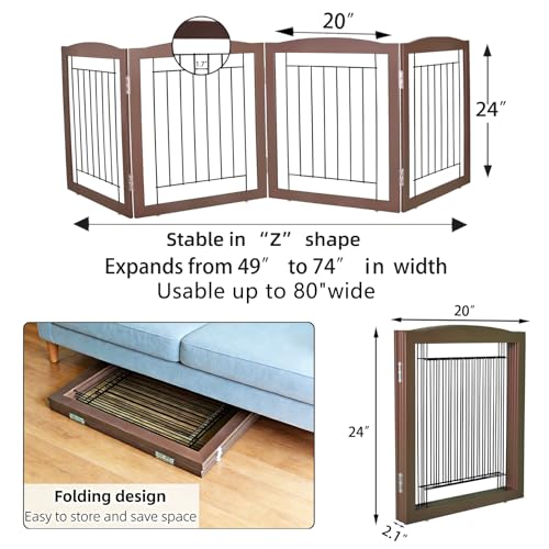 Freestanding Foldable Dog Gate for House Extra Wide Wooden Brown Puppy Gate Stairs Dog Gates Doorways Tall Pet Gate 24 "Height 4 Panels Pet Fence (Brown / 【4 Panels】80''w x 24''h)