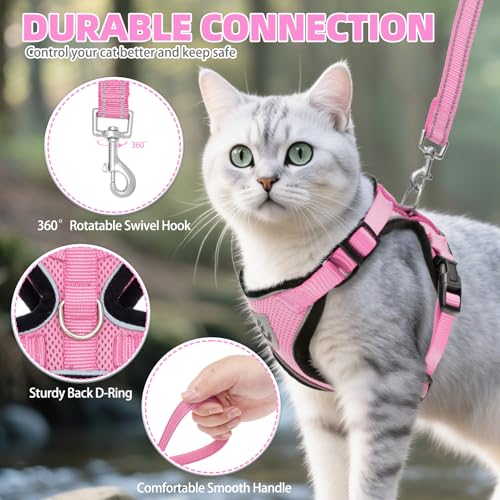 Cat Harness and Leash Set Escape Proof Reflective Cat Walking Harness Adjustable Soft Breathable Mesh Vest for Small Pets (M (NECK 11"-13.7", CHEST 16"-20") / Light Pink)