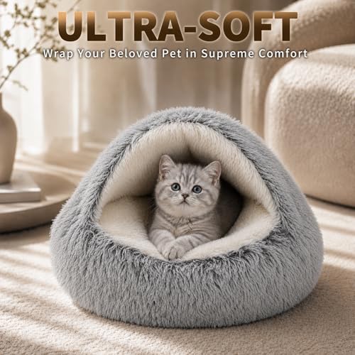 Cozy Cat Bed Round Plush Fluffy Hooded Cave (23.0"L x 23.0"W x 6.0"Th / grey)