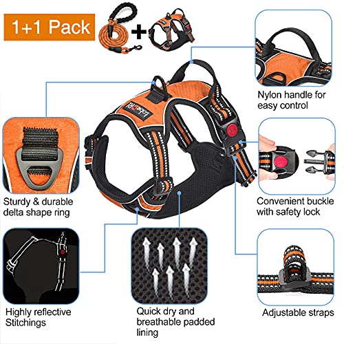 No Pull Dog Harness Adjustable Reflective Oxford Easy Control Medium Large Dog Harness with A Free Heavy Duty 5ft Dog Leash (Orange / Medium)