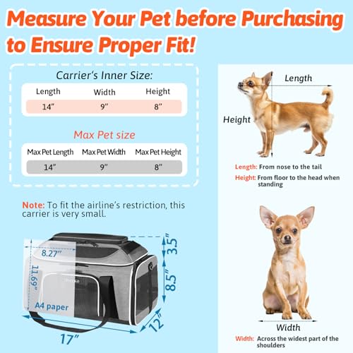 Top Expandable Small Pet Carrier 17"x12"x8.5" Airline Approved (17.0"L x 12.0"W x 8.5"H / Grey)