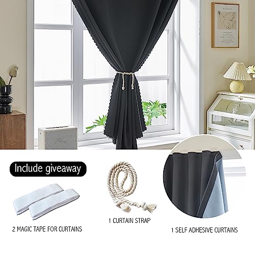 100% Blackout Shades Window Cover Self Adhesive Curtains Sticky Curtain Portable Easy Open Black Out Curtains for Bedroom Living Room No Drilling (Black/ Thickened / 59"W x 84"L (Pack of 1))