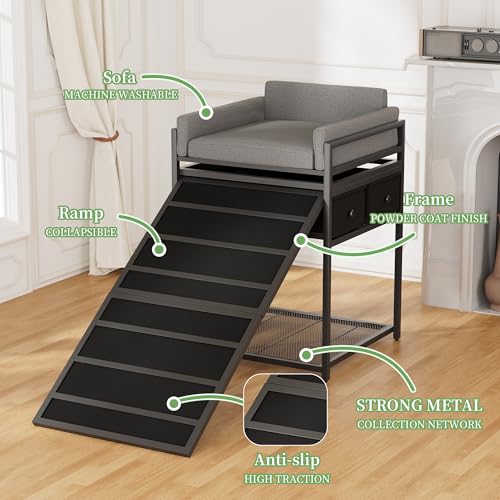 Dog Window Perch & Retractable Stairs and Storage Drawers (Black&Grey)