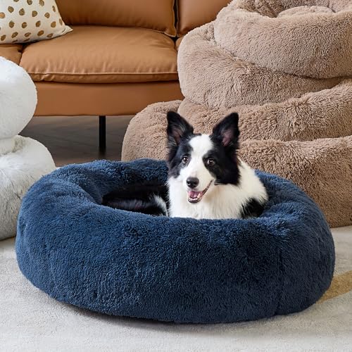 Calming Dog Beds Large Sized Dog Donut Washable Pet Bed (36"L x 36"W x 10"Th / Navy)