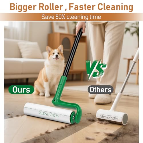 10" Large Lint Roller for Floor Carpet Pet Hair Extra Sticky with 4 Refills (Green With 3 Extra Refills / 10 Inch)