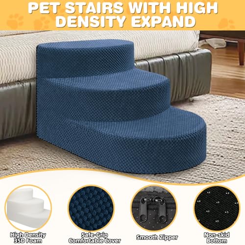 Dog Stairs 3 Steps Foam Pet Ramp for Small Dogs Cats (Navy blue-3-Step)