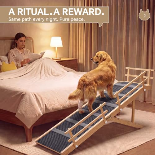 Wooden Dog Ramp for High Bed 65.7" Extra Long Solid Wood Pet Ramp with Non