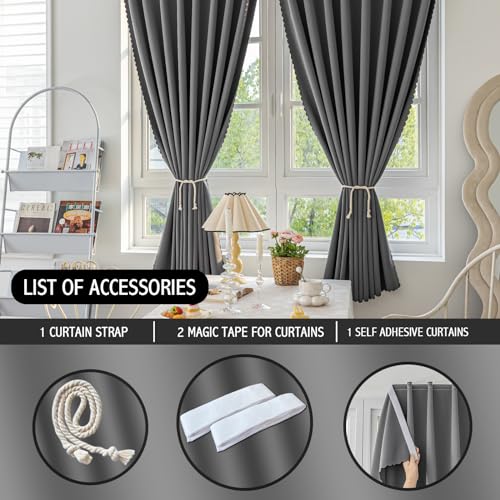 Magic Tape Stick on Curtains Blackout Curtains for Bedroom no Drillng Self Adhesive Curtain no Rod Small Window (Grey / 59"W x 79"L (Pack of 2))