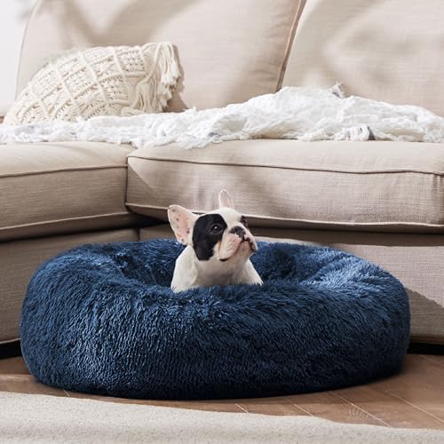 Calming Small Dog Bed Donut Washable Cat＆Puppy Bed (23"L x 23"W x 8"Th / Navy)