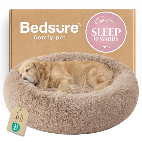 Calming XL Dog Bed Donut Washable Extra Large Pet Bed (45"L x 45"W x 10"Th / Camel)
