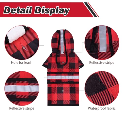 Winter Dog Raincoat Hooded Slicker Poncho with Leash Hole (S:10-15lbs / Red&Black(Thick Fleece))