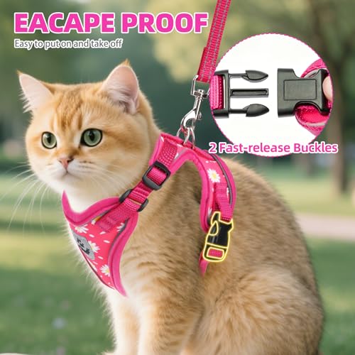 Cat Harness and Leash Set Escape Proof Reflective Cat Walking Harness Adjustable Soft Breathable Mesh Vest for Small Pets (M (NECK 11"-13.7", CHEST 16"-20") / Fuchsia Daisy)