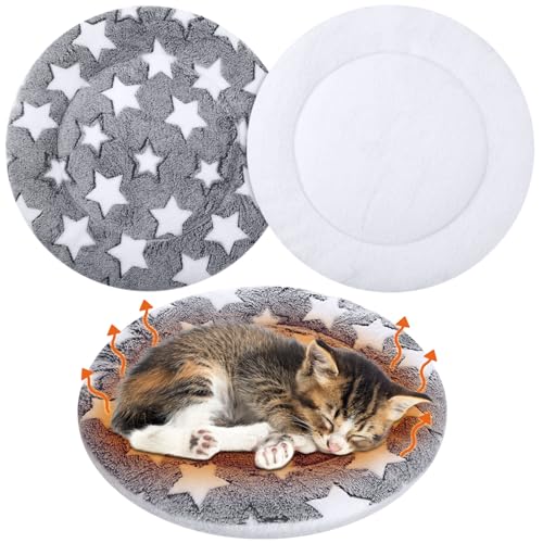 2 Pack Self Heating Cat Pad Self Heating Cat Bed Machine Washable Heat Pet Mat Reversible Body Thermal Warm Round Dog Bed Crate Blanket for Feral and Indoor Cats (12'' / Large Star)