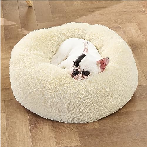 Calming Small Dog Bed Donut Washable Cat＆Puppy Bed (23"L x 23"W x 8"Th / Ivory Beige)