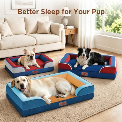 Orthopedic Dog Beds for Large Sized Dog with Bolster (36.0"L x 27.0"W x 8.0"Th / Primary Tri-Color)