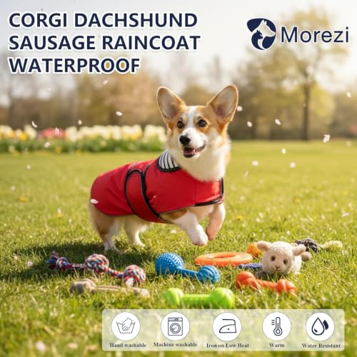 Dog Raincoat Corgi rain Coat pet Waterproof Jacket fit for Corgi Weiner Wide Body Long Back Breeds with Reflective Stripe Great Coverage red XS (X-Small / Red)