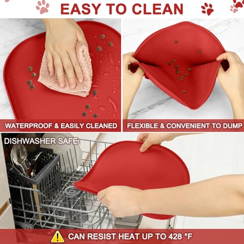 Waterproof Silicone Pet Food Mat with Raised Edge for Dog & Cat (Red / 12"L x 12"W)