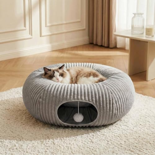 Cat Tunnel Bed for Indoor Cats (Grey / Medium)