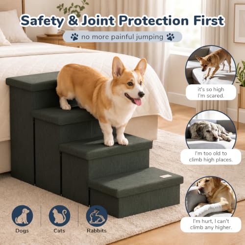 4 Step Wide Dog Stairs with Storage 23" H (Grey Green / 40"D x 17"W x 23"H)