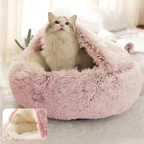 Cat Bed Round Plush Fluffy Hooded Cat Bed Cave (26.0"L x 26.0"W x 6.5"Th / pink)