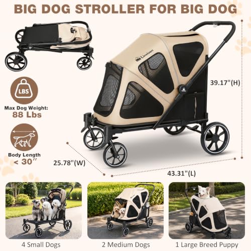 Dog Stroller for Medium Dogs 88lbs with Ramp for Easy Access Foldable Khaki (Khaki&Black)