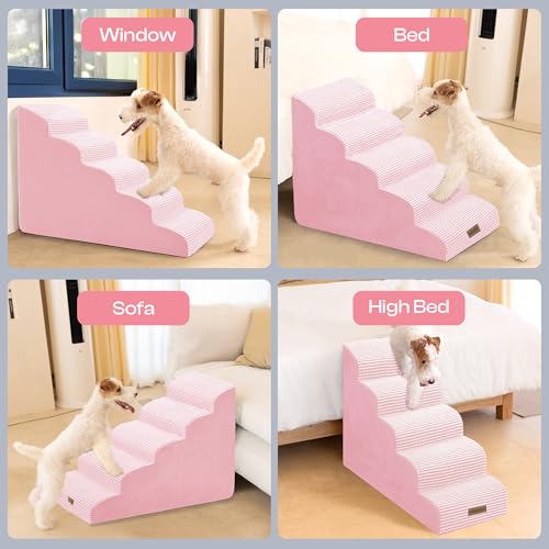 Dog Stairs for High Beds (White-pink / Stairs 24.5"H)