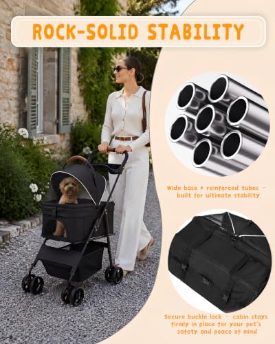 Pet Stroller 3 in1 Foldable Dog Cat Stroller with Detachable Carrier (BLACK)