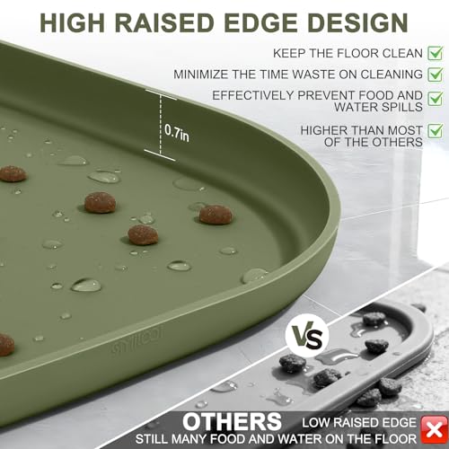 Waterproof Silicone Pet Food Mat with Raised Edge for Dog & Cat (19"L x 12"W / Light Olive Green)