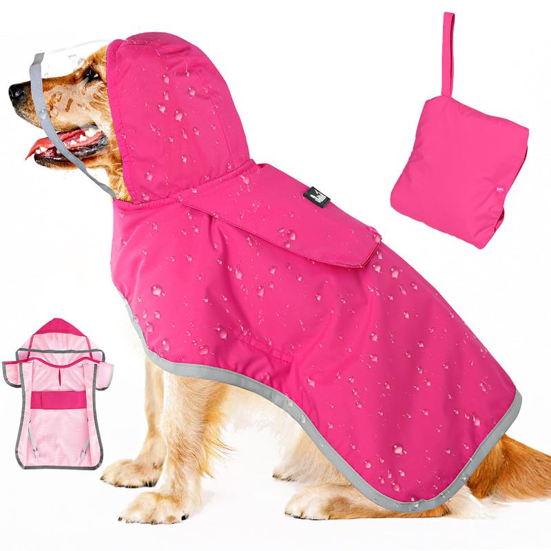 Dog Raincoat Waterproof Dog Rain Jacket with Clear Hooded (Fuchsia / X-Large)